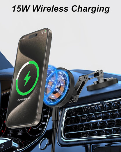 Magnetic Car Mount Charger for Mag-Safe, 15W Wireless Fast Charger Phone Holder for Car with Adhesive, 360° Rotatable Zinc Alloy Handsfree Phone Stand