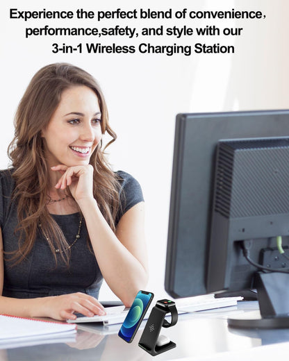 Wireless Charger Stand Dock 3 in 1 Fast Qi Wireless Charging Station Pad for Multiple Devices Apple Watch Ultra/9/8/7/6/Se/5/4/3/2,Airpods Pro,Iphone 16/15/15 Pro/14/13/12/11/X/8 Phone,Women Men Gift