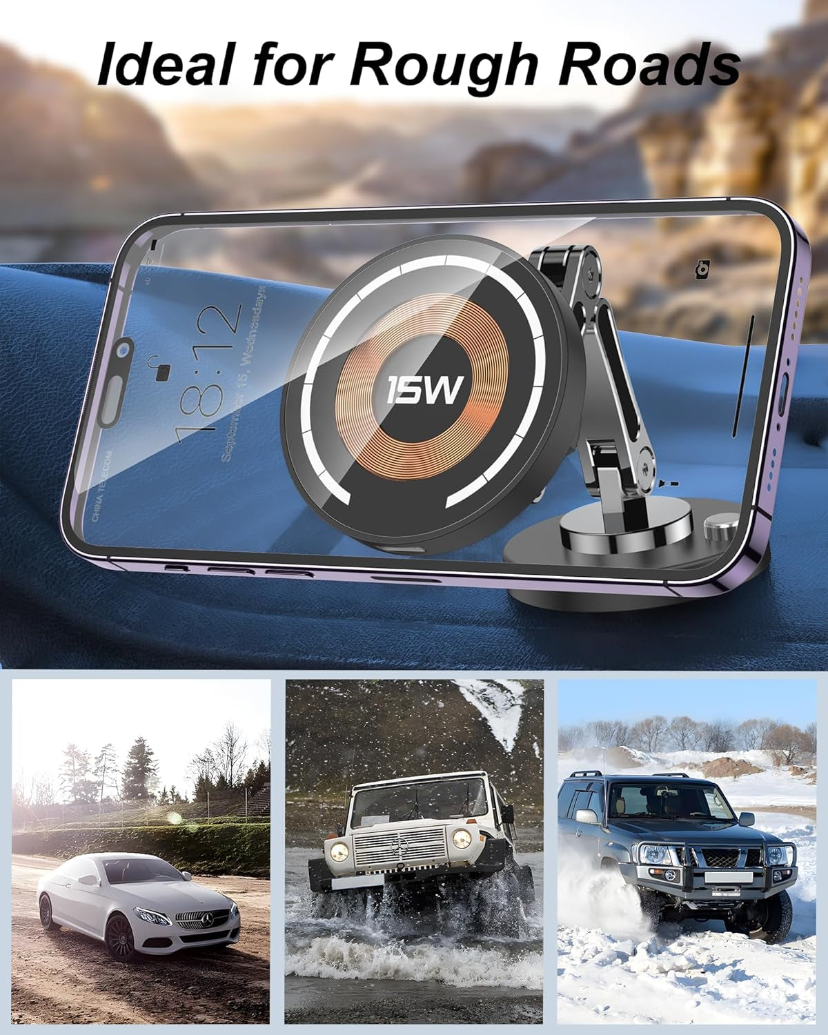 Magnetic Car Mount Charger for Mag-Safe, 15W Wireless Fast Charger Phone Holder for Car with Adhesive, 360° Rotatable Zinc Alloy Handsfree Phone Stand